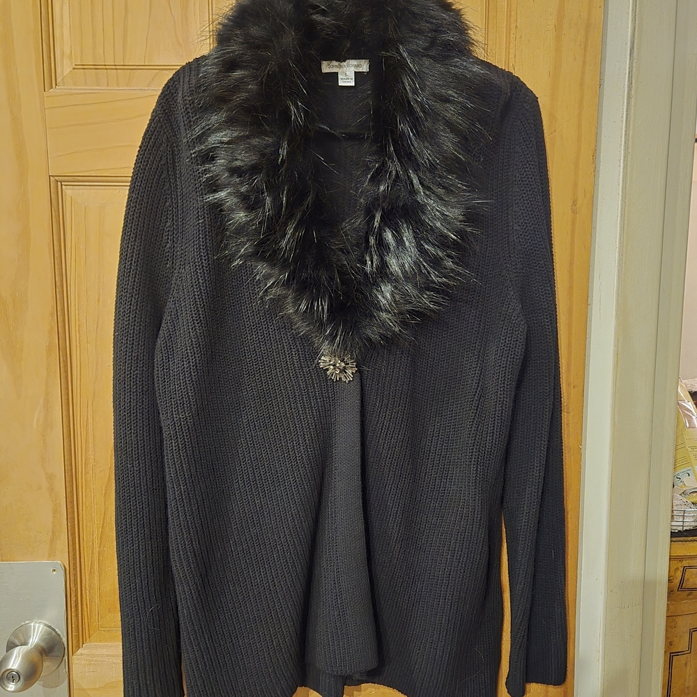 JohnPaulRichard Black Cardigan with Faux Fur Collar